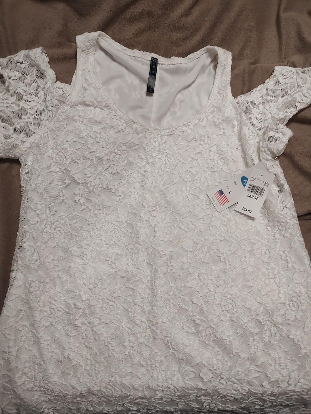Ashley Blue Women's White Floral Lace Cold Shoulder Scoop Neck Top Pullover L